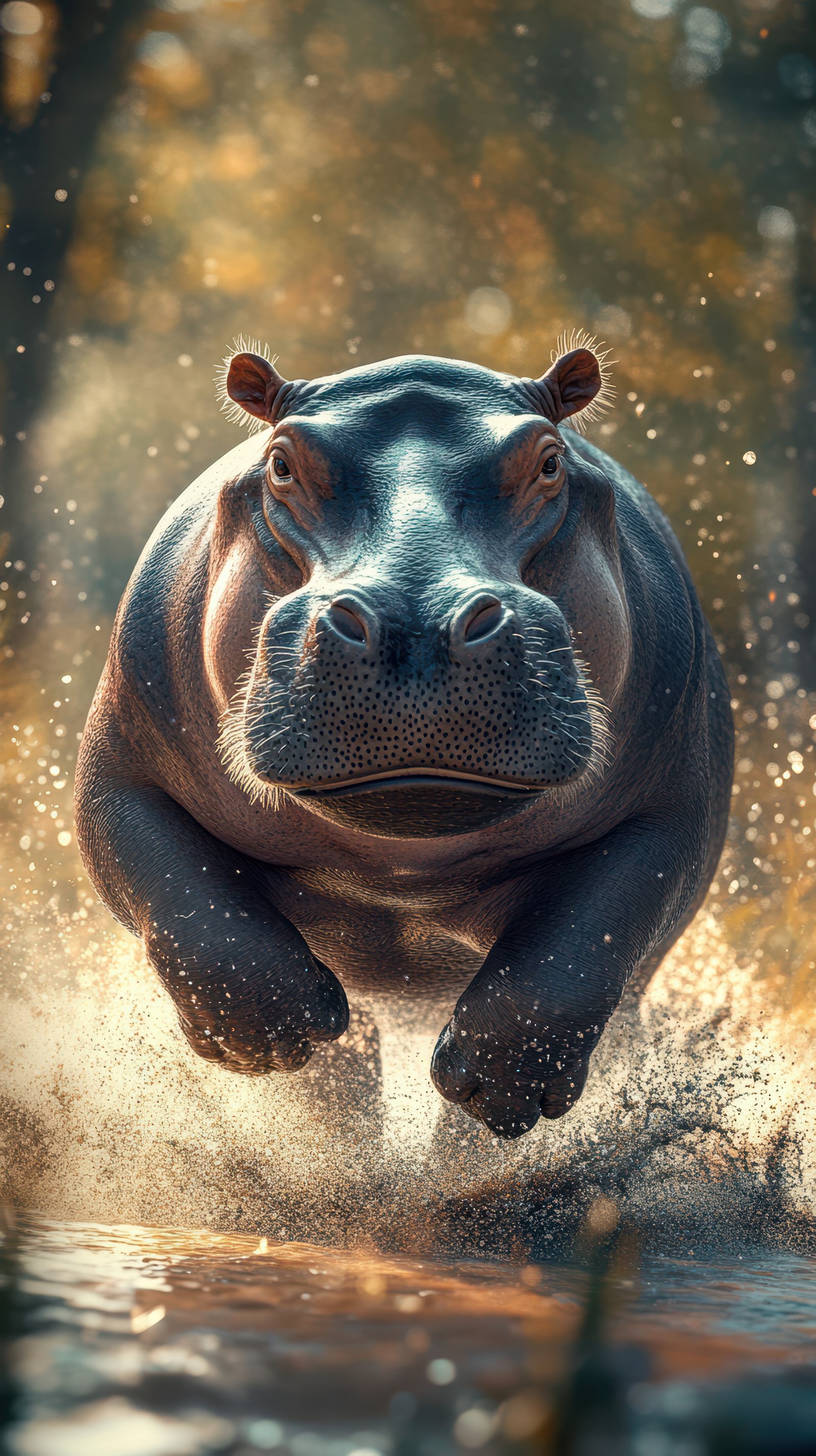 Hippo charging through water in a vibrant natural setting at sunrise creating splashes